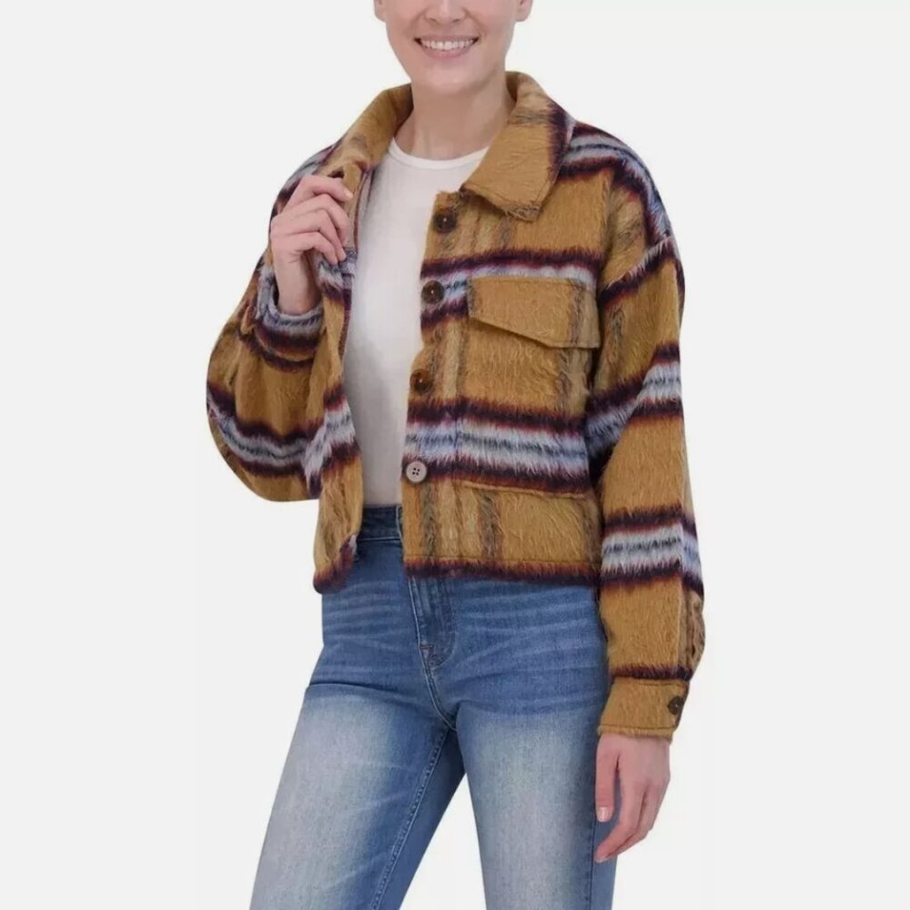 Brushed Plaid Crop Button Jacket